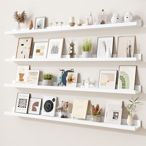 Heimlove Picture Ledge Shelf,48 inch Long Floating Shelves for Wall Set of 4,White Picture Shelf with Lip for Wall Decor,Living Room,Bedroom,Bookshelf,Nursery,Perfume - color: White, size: 48'', Set of 4