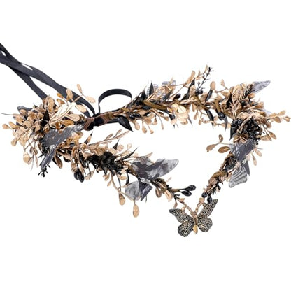 MOSTORY Handmade Fairy Butterfly Crown - Elf Flower Hadpiece Elven Headband for Women s Spring Wedding Maternity Shoot - color: Black-gold