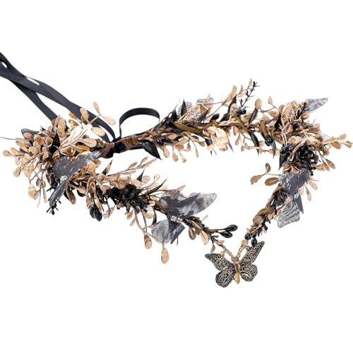 MOSTORY Handmade Fairy Butterfly Crown - Elf Flower Hadpiece Elven Headband for Women s Spring Wedding Maternity Shoot - color: Black-gold