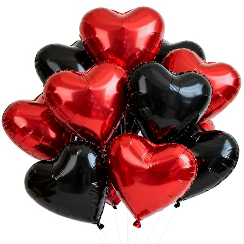 TONIFUL 30Pcs 18 Inch Red Black Heart Balloons Valentine’s Day Heart Shape Foil Mylar Balloons Decoration for Romantic Valentine's Day Wedding Bridal Shower Anniversary Engagement Party Supplies - color: Black Red