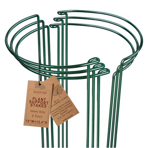 6 Pack Plant Support Stakes, 15.8" Half Round Metal Garden Plant Supports for Indoor Plants, Green Plant Cage Ring for Monstera, Peony, Hydrangea, Potted Plant Holder Sticks (10" Wide) - color: 10"W x 15.8"H