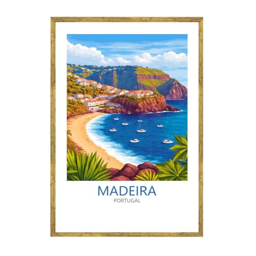 Framed Madeira Portugal Coastal Landscape Canvas Print Modern Minimalist Aesthetic Poster Wall Art for Living Room Home Decor Stunning Pictures Wall Decor (16L x24W,Gold Framed) - size: 16L"x24W"