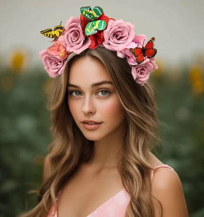 Elegant Butterfly Flower Headband for Women Boho Handmade Rose Floral Crown Wedding Bridal Festivals Cosplay Prom Photo Props Headpiece (A3 purple, Adjustable) - color: A3 purple