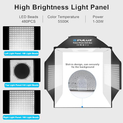 PULUZ 16x16 Inch Upgrade Photo Studio Light Box, Professional Dimmable Shooting Tent with 480 LED Lights & 4 PVC Backdrops, Portable Softbox for Jewelry, Small Product Photography - size: Upgraded-16*16 inch