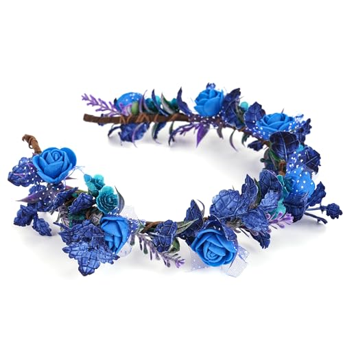 Blue Flower Crown Headband - Fairy Floral Headpiece Rose Floral Accessories with Lace for Women Girls Birthday Wedding Party Photo Props Hairband - color: Blue