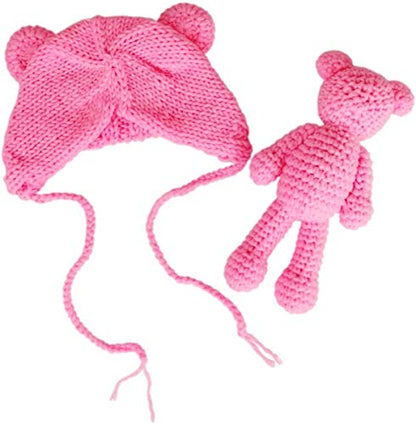 Newborn Baby Photo Shoot Props Boys Girls Crochet Knitted Hat Bear Hat Beanie with Bear Dolls Photography Props - color: Pink