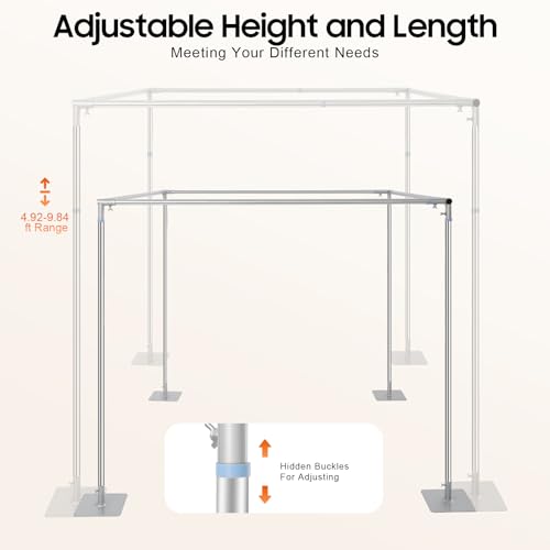 10ft Square Backdrop Stand, Adjustable 4 Post Hardware Kit, Heavy Duty Portable Backdrop Stand Canopy Frame Kit with Metal Base Photo Back Drop Holder for Wedding Birthday Party Photography Decoration