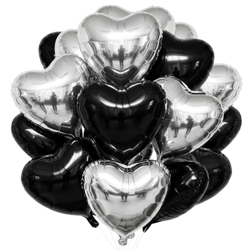 TONIFUL 30Pcs 18 Inch Black Silver Balloons Black Silver Heart Shape Foil Mylar Banners Decoration for Birthday Valentine's Day Wedding Bridal Shower Anniversary Engagement Party Supplies - color: Black Silver