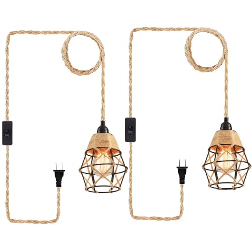 Industrial Hanging Light with Plug in Cord - Hemp Rope On/Off Switch Farmhouse Pendant Light for Dining Room - color: Cone-shaped