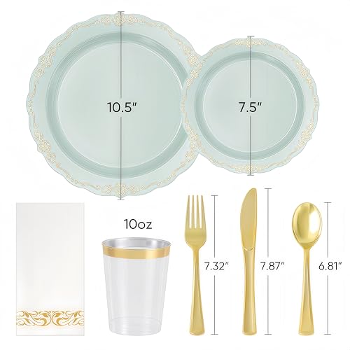 Fijinhom175 PCS Green Disposable Plates, Elegant Dinnerware Set for 25 Guests, 50 Plastic Plates, 75 Silverware, 25 Cups & 25 Paper Napkins, Green - color: Green Gold Pattern, size: 25 Guests-175pcs