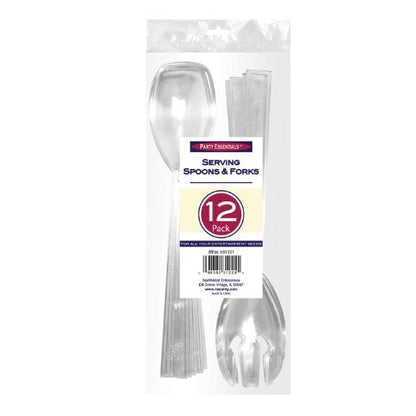 Party Essentials Hard Plastic 9-1/2" Two Piece Serving Utensil Set with Forks/Spoons, Clear, 6 Set-Count (Pack of 2) - size: 9.5 Inch (Pack of 2)