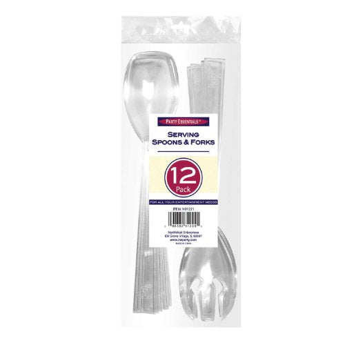 Party Essentials Hard Plastic 9-1/2" Two Piece Serving Utensil Set with Forks/Spoons, Clear, 6 Set-Count (Pack of 2) - size: 9.5 Inch (Pack of 2)
