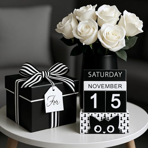 AceOrbit Cat Wood Block Perpetual Calendar Coquettish Desk Decor Cute Month Week Date Display Decorative Block Calendar for Women Office Home Desk Gift for Women