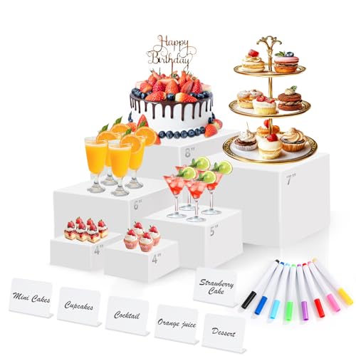 6 Pcs White Acrylic Buffet Risers with Mini Sign and Maker, Food Display Stands for Buffet Table Party Catering Dessert Jewelry Collectibles,Nesting Cube Boxes with Hollow Bottoms (8",7",6",5",4",4") - size: 8" 7" 6" 5" 4" 4"
