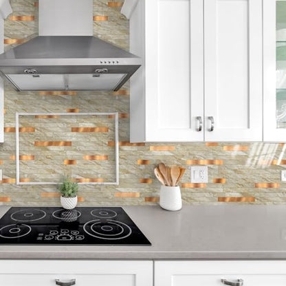 Yipscazo 10 Sheets Peel and Stick Stone Metal Tile Backsplash, Stick on Tiles for Backsplash Kitchen, Bathroom, Laundry Room, Camper, Fireplace (12'' X 12'', Polished Beige) - color: Polished Beige