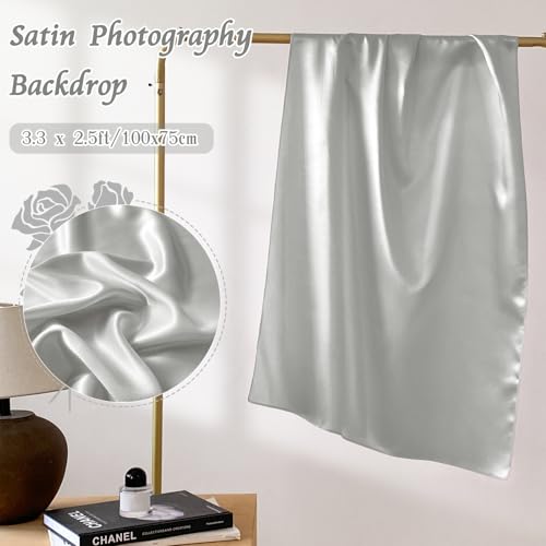 RUDONG M Satin Photography Backdrop 3.3x2.5ft - Wrinkle-Free Silky Fabric Background for Jewelry/Cosmetics/Flat Lay/Studio, Grey Backdrop Cloth (100x75cm) - color: Grey