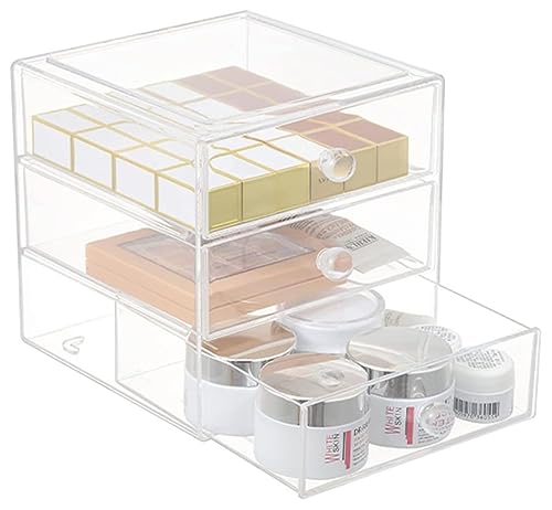 AJIODA Makeup Drawer Organizer Box with 3 Drawers, Acrylic Cosmetic Display Case Vanity Organizer Jewelry Storage Box Stackable Storage for Cosmetics, Skin Care, Bathroom, Countertop, Clear - color: Clear Handle