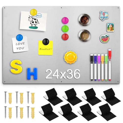 24" x 36" Magnetic Board, Silver Magnet Bulletin Board to Display Magnetic Letters, Metal Board for Wall, Refrigerator Photo, with Dual Lock Tape and Screws, Marker Pen - color: Silver, size: 24" x 36"