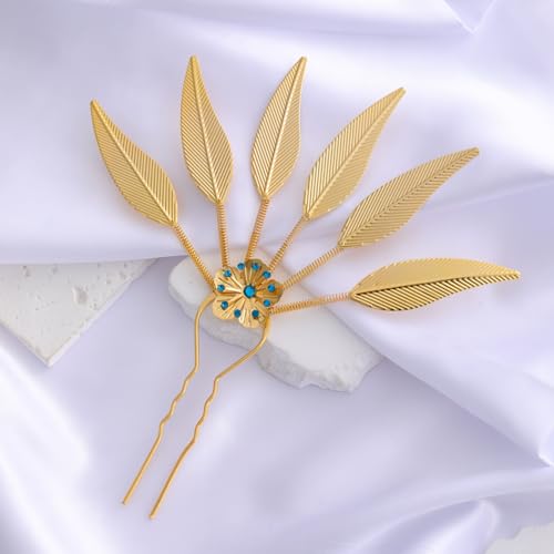 Lureme Thai Ethnic Hairpieces Alloy Leaf Hairpin with Rhinestones Hair Accessories for Women(hb000015-3) - color: gold with blue strass