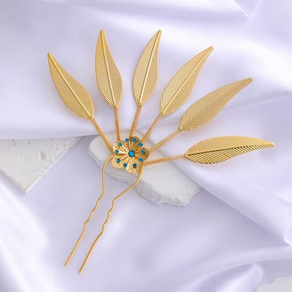 Lureme Thai Ethnic Hairpieces Alloy Leaf Hairpin with Rhinestones Hair Accessories for Women(hb000015-3) - color: gold with blue strass