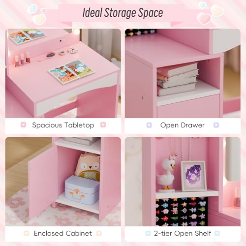 Girls Vanity Table and Chair Set, Kids Vanity with Jewelry Organizer for Princess, Toddler Makeup Vanity Desk with Open Shelf, Closed Cabinet and Butterfly Pattern, Pink - color: Pink