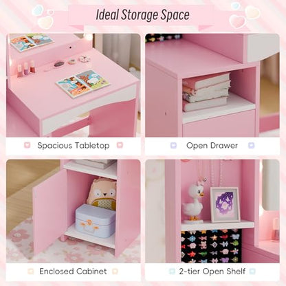 Girls Vanity Table and Chair Set, Kids Vanity with Jewelry Organizer for Princess, Toddler Makeup Vanity Desk with Open Shelf, Closed Cabinet and Butterfly Pattern, Pink - color: Pink