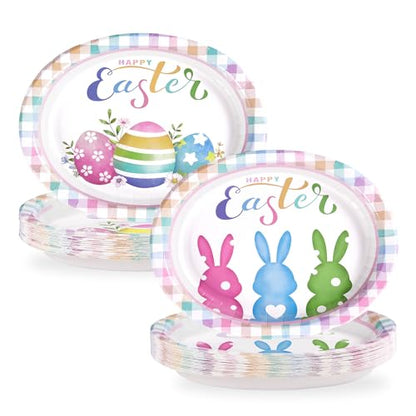 50 Pcs Easter Oval Paper Plates 10" x 12" Large Easter Bunny Egg Plates Heavy Duty Disposable Easter Rabbit Dinner Plates Colorful Plaid Platters for Spring Holiday Baby Shower Birthday Party Supplies - style: 50Pcs Easter Bunny Egg Oval Plates