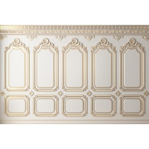 Vintage Room Backdrop Classic Interior Golden White Wall Photography Background European Style Castle House Living Room Frame Wallpaper Hall Backdrop Decorations Birthday Wedding Props 7x5ft - color: Golden_White, size: 7x5ft