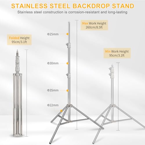 Photo Backdrop Stand 8.5 x10Ft Stainless Steel Heavy Duty Back Drop Adjustable Stand with Clamps Clips Carry Bag, Background Support System Kit, Backdrop Frame for Photography, Party, Wedding - size: 8.5 x 10 Ft