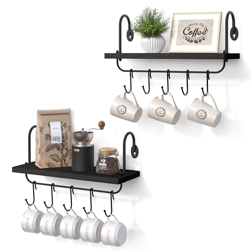Olakee Floating Wall Shelves for Kitchen Bathroom Coffee Nook with 10 Adjustable Hooks for Mugs Cooking Utensils or Towel Rustic Storage Shelves Set of 2/17x5.9 inch (Black) - color: Black