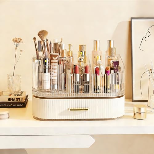 Makeup Organizer with 360° Rotating Brush Holder and Stackable Drawers, Cosmetic Display Case for Vanity, Bathroom Countertop (White, 2 Layer) - color: White, size: 2 Layer