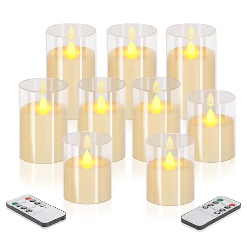wemarry Flameless Candles 4" 5" 6" Acrylic Glass Pillars 3" Diameter Battery Operated Flickering Candles Include 8-Key Remote with Timer Function 400+ Hours (Pure White, Warm Light 9 Pack) - color: Pure White, size: Warm Light 9 Pack