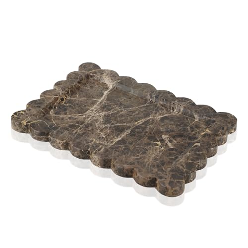 Rectangle Marble Tray with Scalloped Edge, Dark Brown Decorative Tray for Bathroom Vanity, Kitchen Counter, Dresser Top Organizer, Perfume Jewelry Holder, 11x8 Inch Natural Stone Home Décor - color: Dark Brown