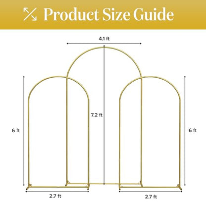 Metal Arch Backdrop Stand and Cover Set – 3 Gold Frames (7.2ft, 6ft x2) with White Wrinkle-Free Spandex Covers, Water Weights, Bags & Case – Wedding, Birthday, Baby Shower, Party Decor