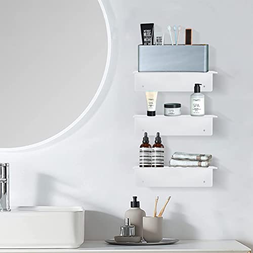 9 Inch Acrylic Floating Shelf No Drill Adhesive Wall Shelf Set of 2 for Funko Pop Storage, Floating Shelves Damage-Free Expand Wall Space for Living Room, Bathroom, Gaming Room, Office - White - color: White