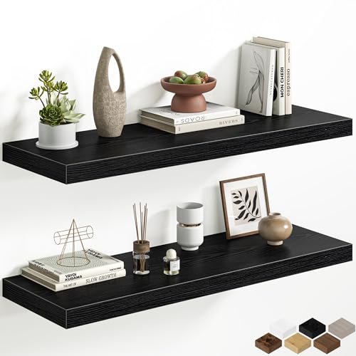 36 Inch Black Floating Shelves for Wall, 12 Inch Deep Shelves for Bedroom, Kitchen, Bathroom Wall Mounted, Rustic Wood Floating Shelf with Invisible Brackets for Books, Storage, Decor, 2 Pack - color: Black, size: 36 Inch, Set of 2