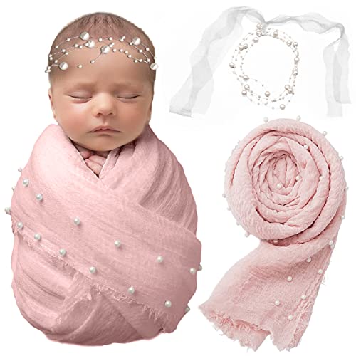 2 PCS Baby Props Photography Wrap Kit, Newborn Photography Props, Handmade Pearl Wrap Blanket for Baby Photo Props with Pearl Headband, 35.5 X 67 inch Newborn Outfits for Photography (Pink) - color: Pink