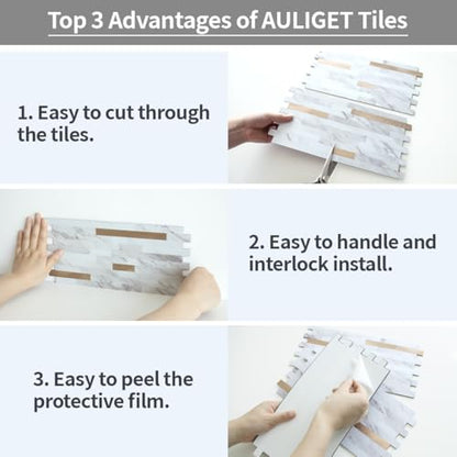 AULIGET 2 Sheets Faux Stone White Marble Peel and Stick Backsplash, PVC Mixed Metal Champagne Gold Wall Tile Stick on Backsplash for Kitchen and Bathroom - color: Marble White + Champagne Gold, size: 2 Sheets, 6"x12"x0.12"