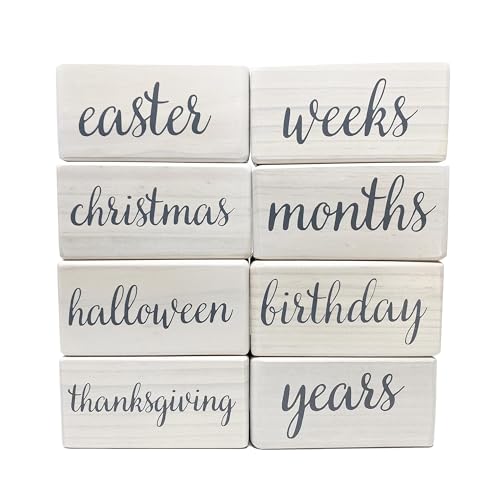 Pondering Pine Baby Milestone Blocks - Natural White Stain Pine Wood with Weeks Months Years Grade and Holidays, Newborn Weekly Monthly First Year Picture Props, 6 Block Milestones Age Set with Bag - color: White, size: 6 Piece