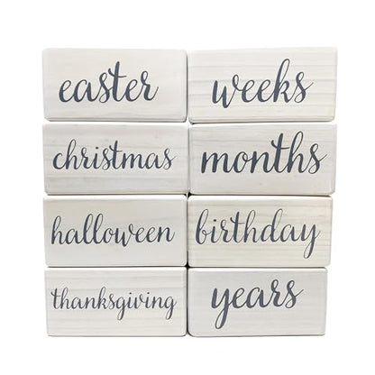 Pondering Pine Baby Milestone Blocks - Natural White Stain Pine Wood with Weeks Months Years Grade and Holidays, Newborn Weekly Monthly First Year Picture Props, 6 Block Milestones Age Set with Bag - color: White, size: 6 Piece