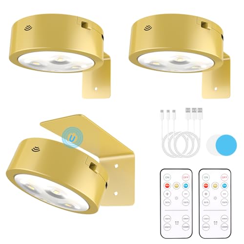 3 Pack Picture Lights for Wall, Rechargeable Battery Operated wall lights, Picture Frame lights with 3 Lighting Modes, Wireless Magnetic Painting Light with Remote Control Timer (Golden, 3 Pack) - color: Golden, size: 3 Pack