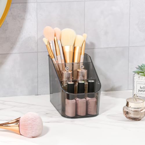 DASITON 3 Slots Makeup Brush Holder, Acrylic Make Up Brush Holder Organizer for Vanity, Bathroom Countertop, Small Makeup Organizer Brush Cup Cosmetic Brushes Storage, Pen Holder for Desk (Grey S) - color: Grey, size: S