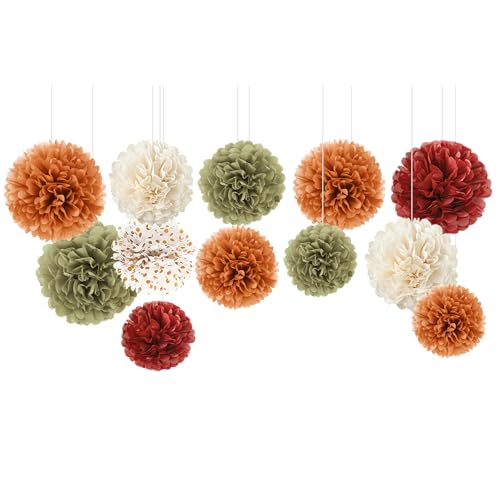 NICROLANDEE Fall Party Decorations, 12 PCS Pumpkin Orange Burgundy Sage Green Ivory Tissue Pom Poms Thanksgiving Decor for Home, Wedding, Birthday, Autumn Harvest Party Supplies - style: Fall