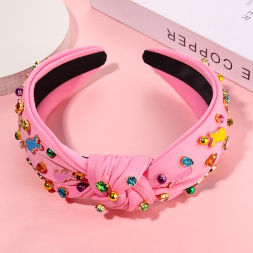NVENF Easter Headband for Women Beaded Easter Rabbit Bunny Headband White Pink Crystal Pearl Knotted Headbands Happy Easter Hair Accessories Spring Holiday Headwear Outfits Gifts (Bunny C - Pink) - color: Bunny C - Pink