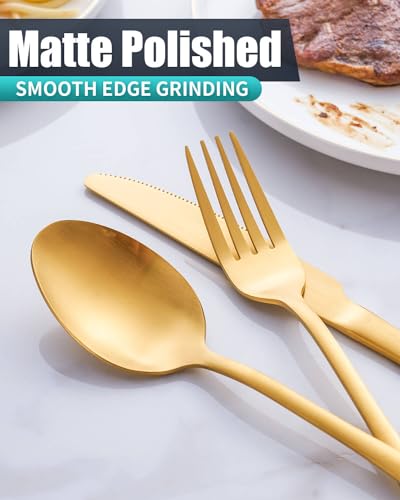 24-Pieces Matte Gold Silverware Set with Steak Knives,Stainless Steel Flatware Set,Cutlery Set Service for 6, Tableware Kitchen Utensil Set,Dishwasher Safe - color: Matte Gold, size: 24 Pieces Set