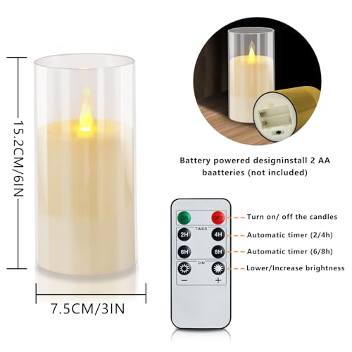 wemarry Flameless Candles Acrylic Glass Pillars 3" D x 6" H Battery Operated Flickering Candles Include 8-Key Remote with Timer Function 400+ Hours (Pure White, Warm Light 2 Pack) - color: Pure White, size: Warm Light 2 Pack