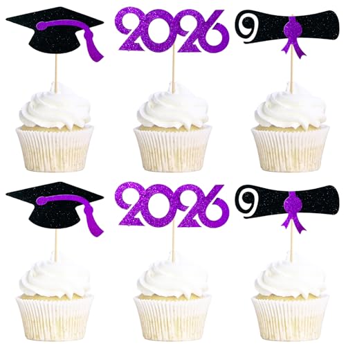 Pre-Assembled Graduation Cupcake Toppers 48 PCS, Class of 2026 Mini Cake Decorations Grad Cap & Diploma, Food & Appetizer Picks for Graduation Party - color: Purple