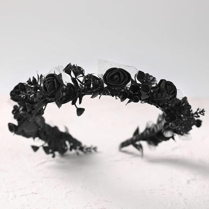 Black Floral Headpiece - Women's Elegant Lace Foam Rose Headband With Flowers for Hair Accessories, Wedding, Party, Birthday Gift, Photo Props - color: Black