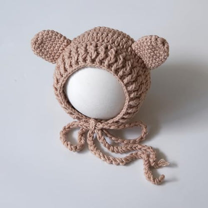 Zeroest Newborn Photography Outfits Boy Girl Bear Props Baby Photoshoot Crochet Bonnet Stuffed Animals for Newborn Photo - color: Light Camel
