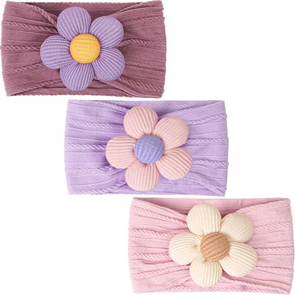 CÉLLOT Baby Flower Headbands Baby Girls Nylon Headbands Soft Elastic Hairbands Hair Accessories for Newborn Infant Toddler Kids (Violet,Cameo,Pink) - color: Dark Purple+Purple+Pink